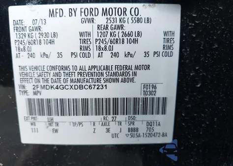 2013 Ford Edge Se from USA, damaged, VIN 2FMDK4GCXDBC67231